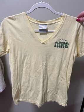 Nike Y2K Pale Yellow V-Neck Tee with Green Chest Logo